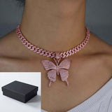 Pink Clear Crystal Butterfly Pendant Charm Miami Curb Cuban Chain Hip Hop Necklace Rapper Gift Rock for Men Women Jewelry