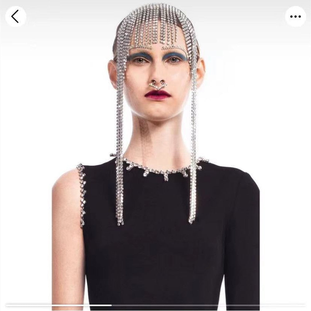 Aveuri Luxury Rhinestone Long Tassel Wedding Forhead Headband Hair Hoop Jewelry For Women Bling Crystal Bang Head Chain Hair Jewelry