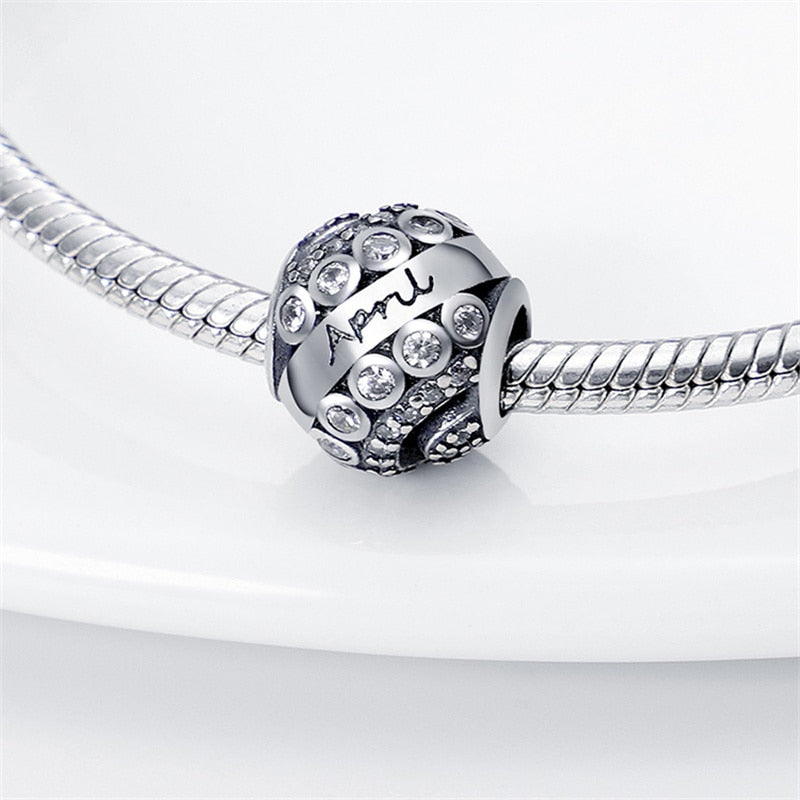 New Silver Color Birthstone Series April plata de ley Charms Bead Fits Original Pandach Bracelet Necklace Woman Fashion Jewelry