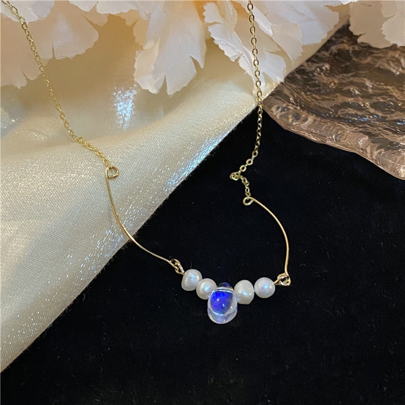 Aveuri Moonstone Pendant Necklace Freshwater Pearl Charm Chain Choker Clavicle For Women Temperament Wedding Fashion Jewelry