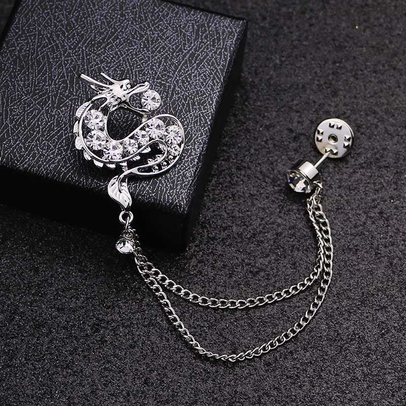 HUISHI Trendy Brooches Reindeer Crown chain Brooch Fashion Metal Cross Dragon Crystal Chain Tassel Badge Pin Collar Accessory