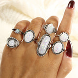 Aveuri Bohemia Elephant Flower Carving Rings Set For Women Vintage Green Opal Stone Finger Knuckle Midi Rings Jewelry