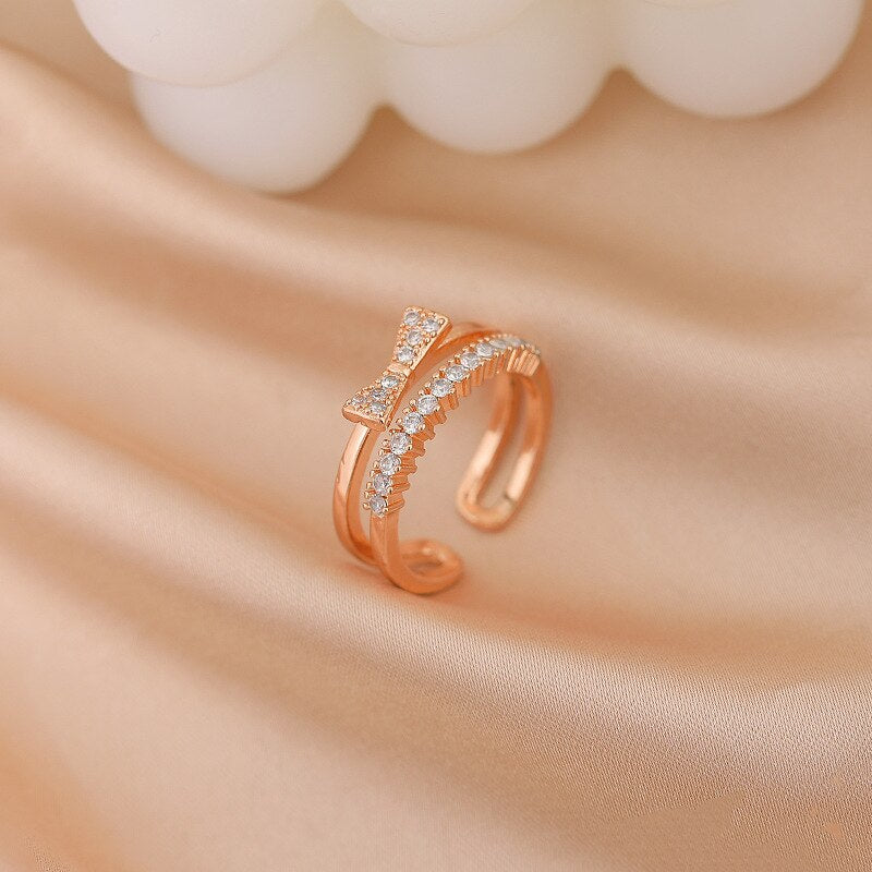 LATS Luxury Zircon Gold Double Student Opening Rings for Woman 2023 Fashion Gothic Finger Jewelry Wedding Party Girl's Sexy Ring