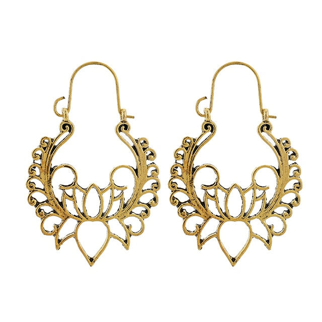 Tocona Vintage Datura Flowers Drop Earrings for Women Retro Spiral Carve Flowers Hollow Geometry Earrings Jewelry Wholesale