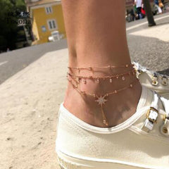 Tocona Charm Boho Gold Metal Chain Water Drops Crystal Pendant Layered Anklets For Women Statement Star Foot Jewelry 7118