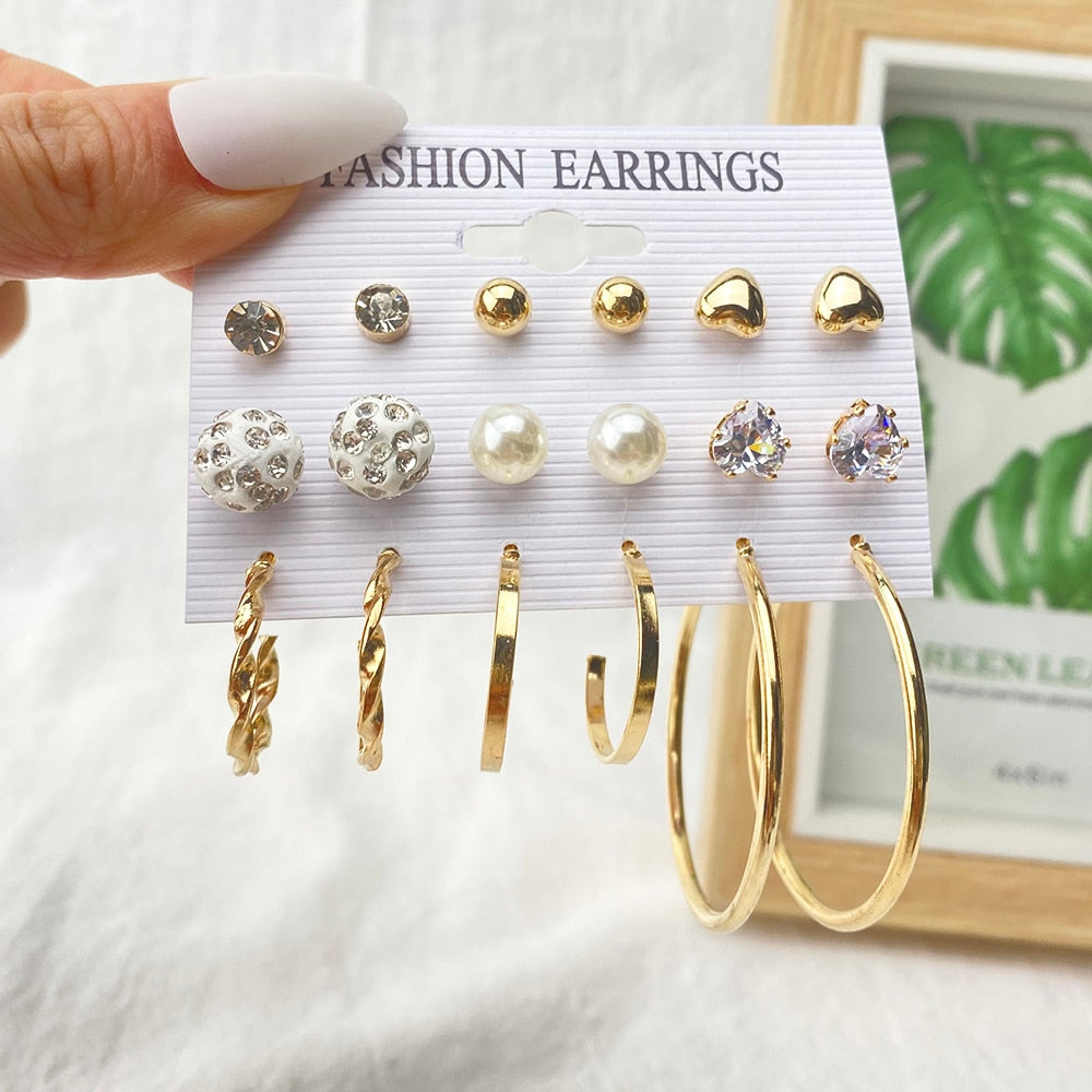 Aveuri Trendy Geometric Gold Silver Color Cubic Zircon Stud Earrings Set For Women Fashion Pearl Earrings Gifts Jewelry