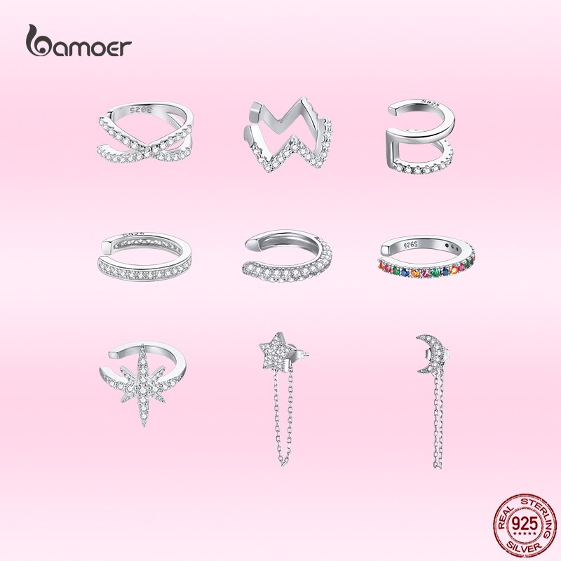 Bamoer Genuine  Mono-Studs Earrings Clips for Women Circle Exquisite Zircon Wedding Party Jewelry Gifts