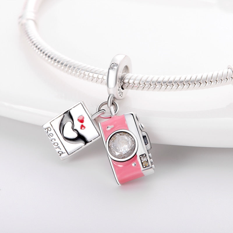 Silver Pink Camera And Photo Album Charm Bead Fit Original Pandach Bracelet women Silver pendant bead diy jewelry
