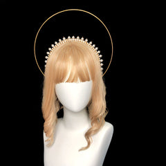 Virgin Pearls Halo Headwear Take Photo Props Mary Goddess Virgin Hair Crown Cosplay Godmother Baroque Headband Round Headdress