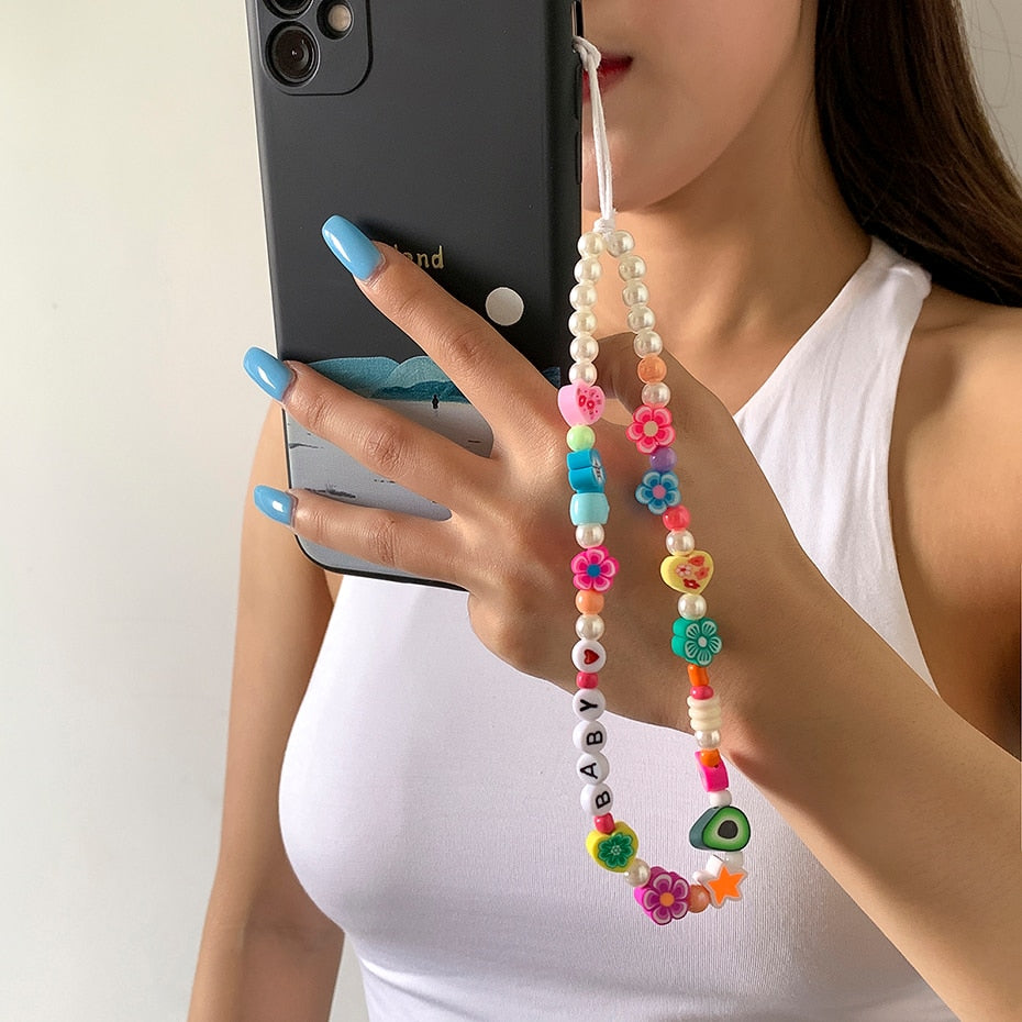 Aveuri 2022 New Ins Trendy Colorful Beads Chain Mobile Phone Chain Anti-Lost Handmade Acrylic Cord Lanyard For Women Jewelry Stochastic