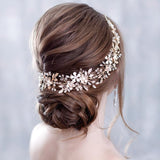 Aveuri Back to school Trendy Bridal Flower Wedding Headband Gold Leaf Rhinestone Bride Headpiece Crystal Women Hairband Wedding Hair Accessories