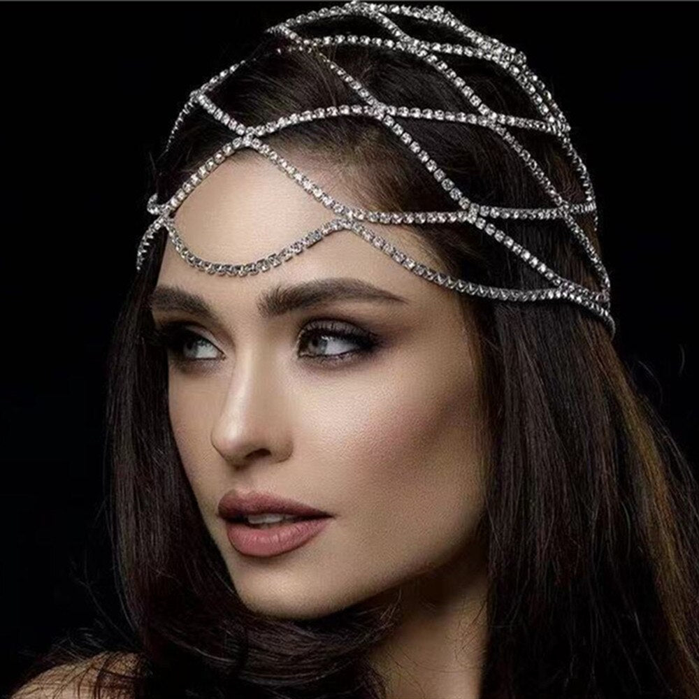 Aveuri Bling Crystal Wave Bridal Head Chain Forehead Mesh Headpiece Jewelry For Women Luxury Rhinestone Tassel Headband Headwaer Hat