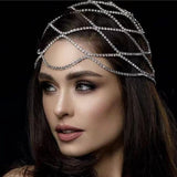Aveuri Bling Crystal Wave Bridal Head Chain Forehead Mesh Headpiece Jewelry For Women Luxury Rhinestone Tassel Headband Headwaer Hat