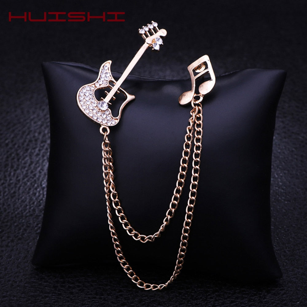 HUISHI Rhinestone Brooch Korean Luxury Rhinestone Music Note Brooch Guitar Tassel Chain Lapel Pins Men's Suit Buckle Pin For Men