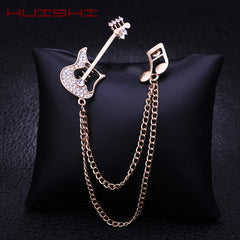 HUISHI Rhinestone Brooch Korean Luxury Rhinestone Music Note Brooch Guitar Tassel Chain Lapel Pins Men's Suit Buckle Pin For Men