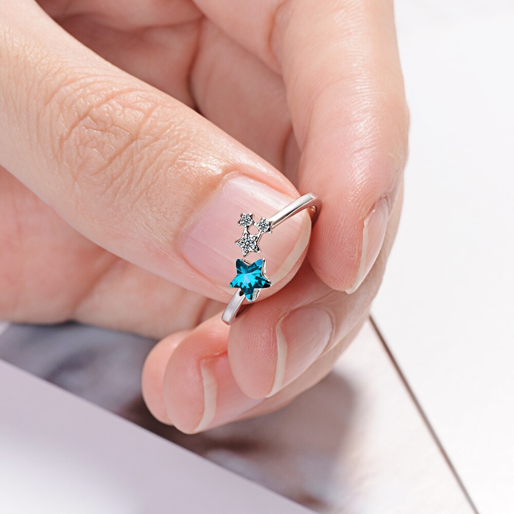 Christmas Gift alloy New Woman Fashion Jewelry High Quality Blue Star Zircon Ring Size Adjustable Open Ring