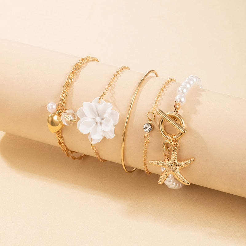 Tocona 5pcs/sets Luxury Pearl Stone Flowers Bracelets for Women Summer Starfish Heart Shiny Crystal Stone Bangle Jewelry 16464