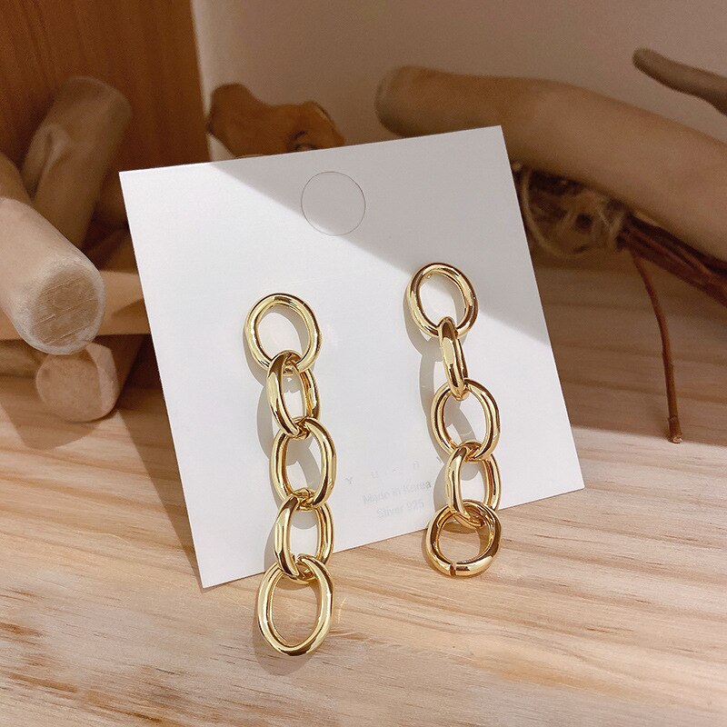 LATS Korea Cuba Bright Gold Color Exaggerated Metal Chain Drop Earrings for Women Retro Punk Chain Earring Vintage Jewelry Gift