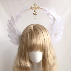 Retro Lolita Notre Dame's Halo Cross Angel's Feather Wing Headband White Feather Virgin Mary Gothic Cosplay Baroque Headwear