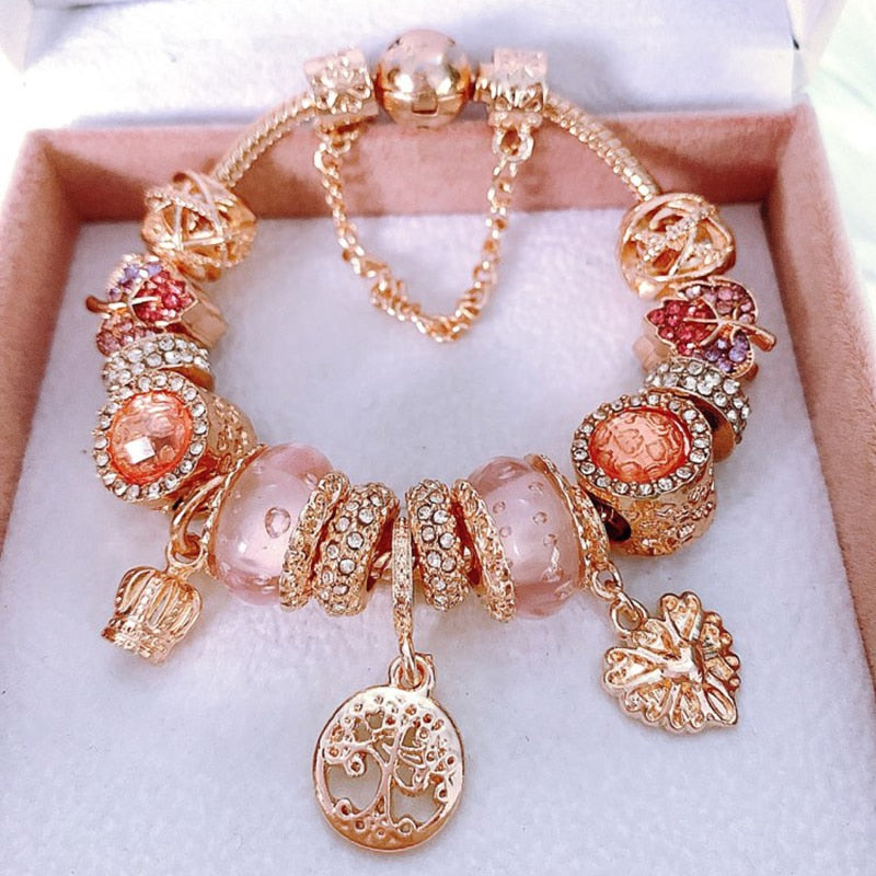 Aveuri High Quality Rose Gold Crystal Charm Bracelets For Women With Pink Leaves Bracelets & Bangles Fashion Jewelry Gift Dropshipping