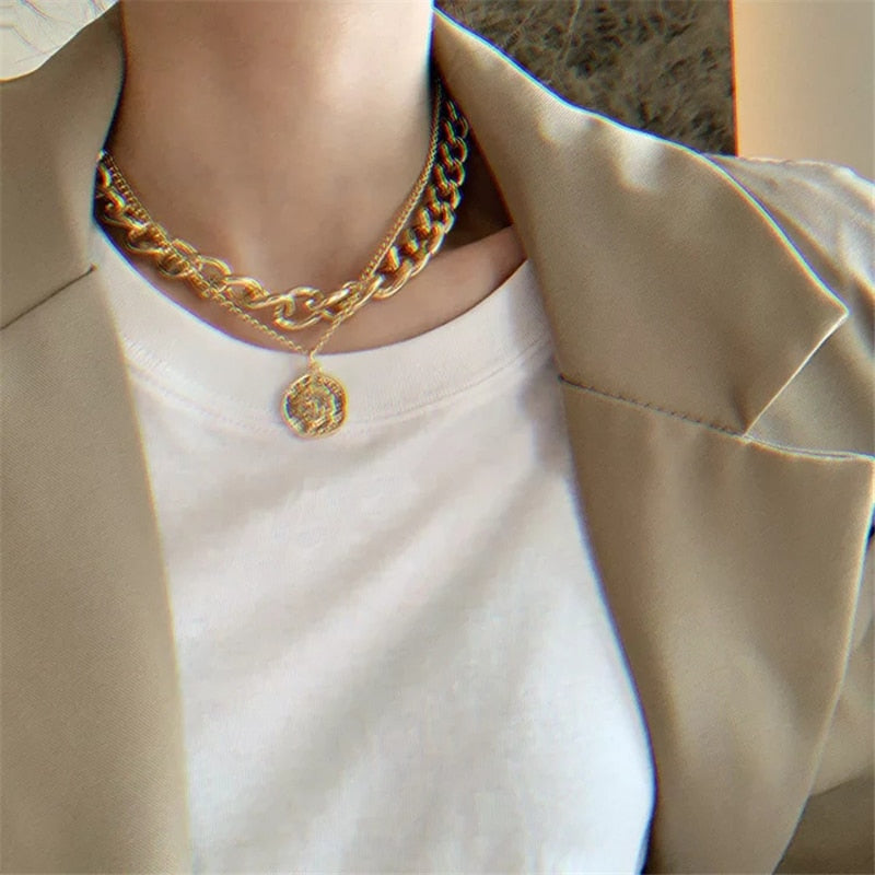 LATS Gold color necklace hip-hop sweater chain love pendant sweater chain long multi-layer necklaces for women Fashion Jewelry