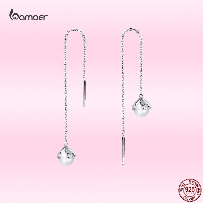 AVEURI Genuine Silver String Earrings Long Tassle Pure Pearl Flower Asymmetric Earrings Women Dangle Earrings Jewelry GAE373