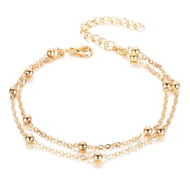 Aveuri Two Layers Chain Heart Style Gold/Silver Color Anklets For Women Bracelets Summer Barefoot Sandals Jewelry On Foot Leg Chai