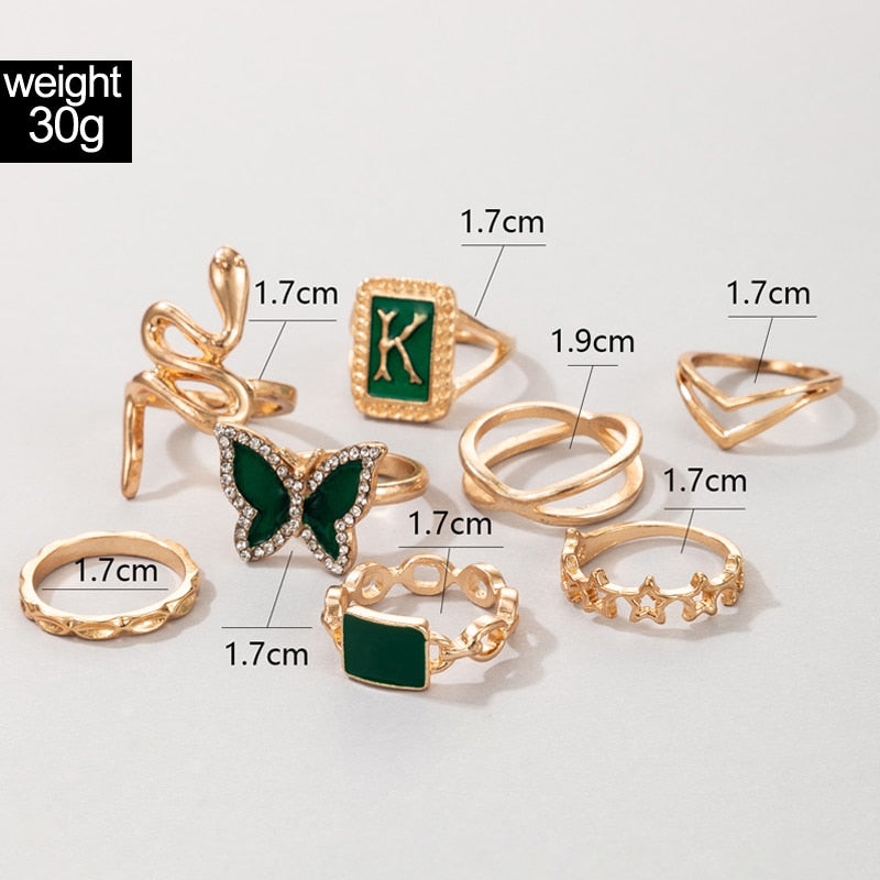 Aveuri 8pcs/sets Luxury Green Stone Butterfly Gold Ring for Women Men Snake Cross Star Wedding Jewelry Anillo 19605