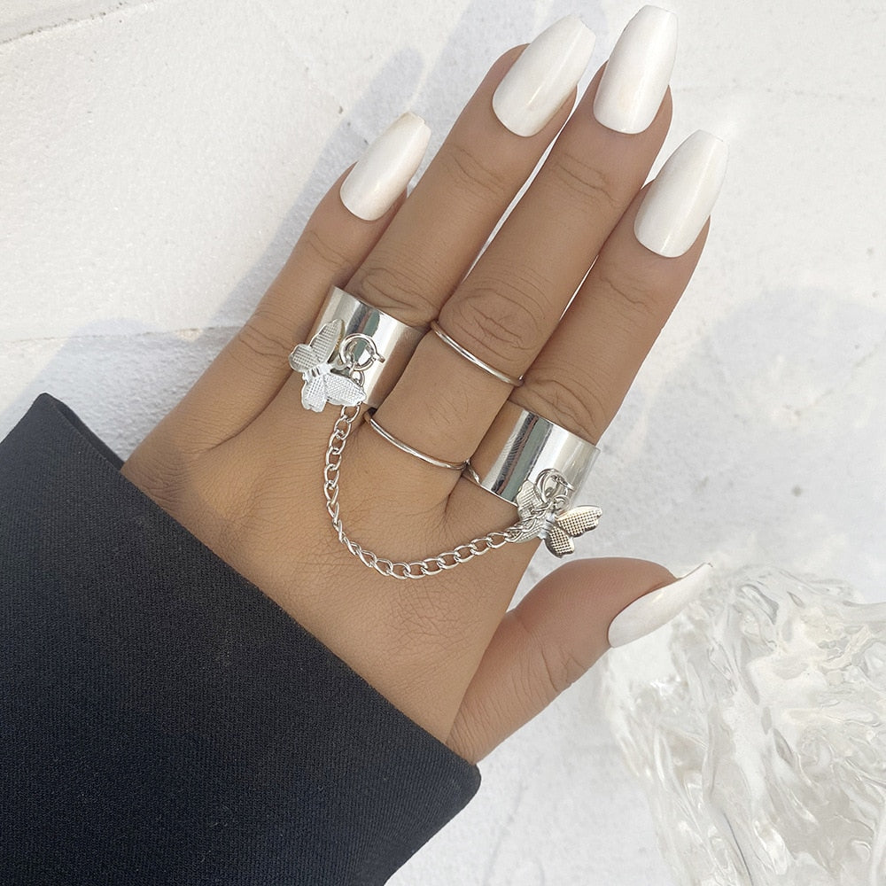 Aveuri Punk Cool Hiphop Chain Rings Multi-layer Adjustable Open Finger Rings Set Alloy Man Rings for Women Party Gift Jewelry