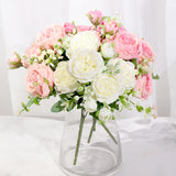 Aveuri Pink Silk Peony Artificial Flowers Rose Wedding Home DIY Decor High Quality Big Bouquet Foam Accessories Craft White Fake Flower
