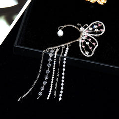 Big Butterfly Pearl Crystal Long Clip Earrings Ear Hook Without Pierced Ears Tassel Chain Drop Earrings Valentines Day AM4005