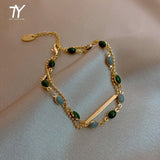 Aveuri French Retro Romantic Double Metal alloy Bracelet For Woman 2023 New Fashion Jewelry Party Unusual Oval Green Bracelet