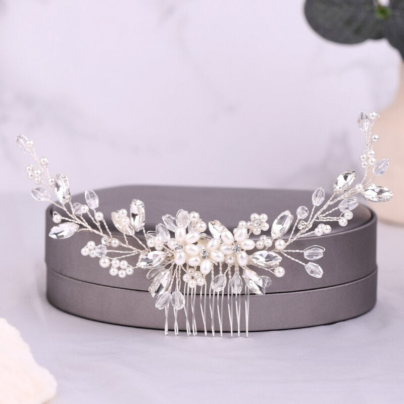 Aveuri Handmade Pearls Wedding Hair Accessories Silver Color Tiara Hair Combs For Women Cheap Hair Band Bridal Hair Jewelry Headpiece