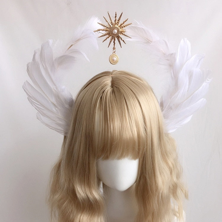 Retro Lolita Notre Dame's Halo Cross Angel's Feather Wing Headband White Feather Virgin Mary Gothic Cosplay Baroque Headwear