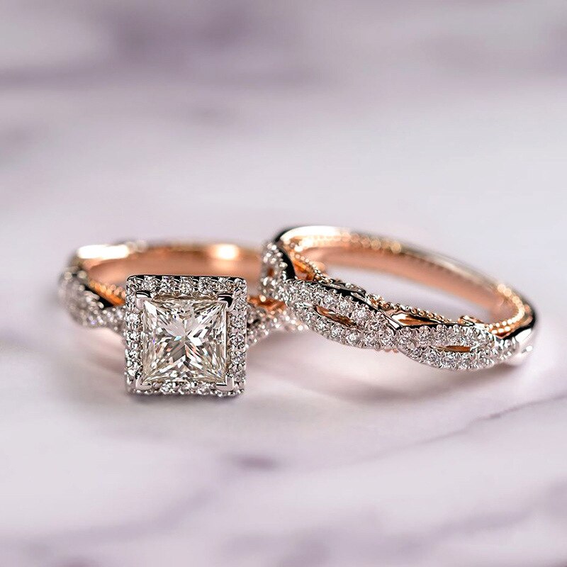 Aveuri Luxury Princess Cut Cubic Zircon Bridal Marriage Set Rings Elegant Accessories Brilliant Women Men Wedding Trendy Jewelry