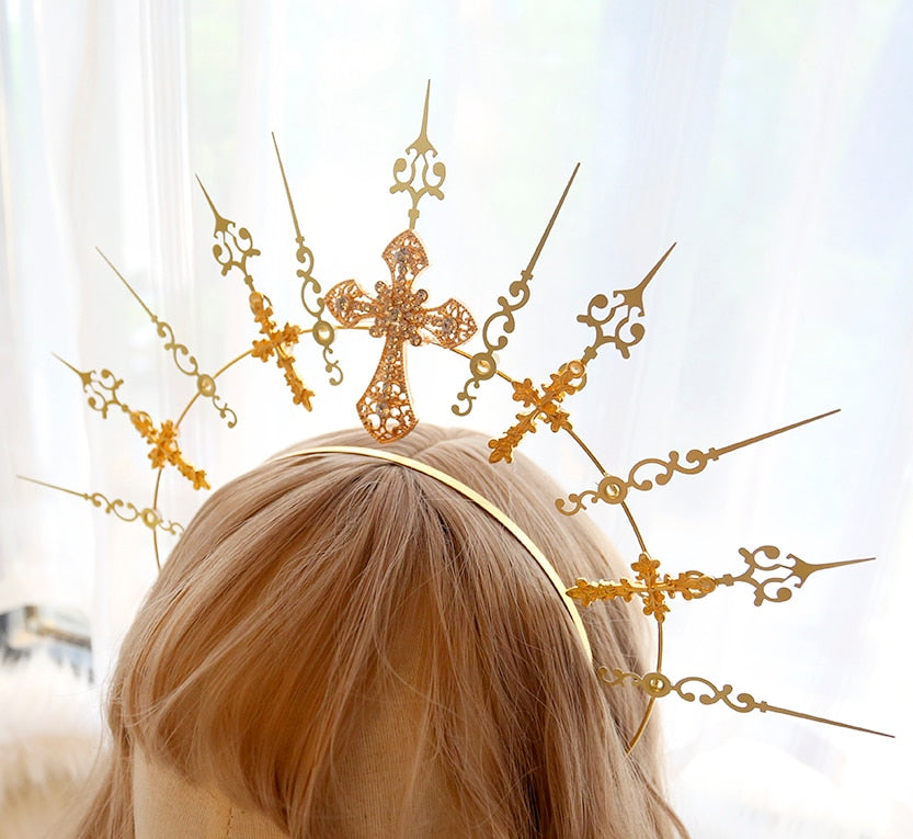 DIY Material Package Lolita European style sun halo golden cross angel hairpin Handmade material  crown headband