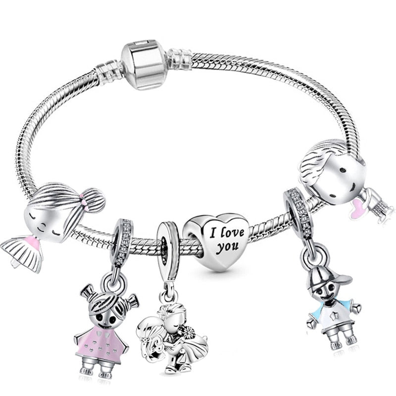 Christmas Gift Trendy Romantic 2023 Silver Color Charm Bracelet With Happy Family Strand Brand Bracelet For Women DIY Jewelry Making