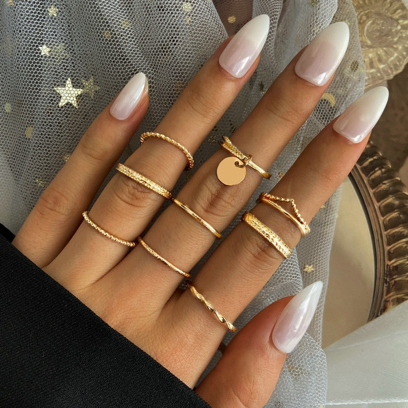 LATS Bohemian Gold Chain Rings Set For Women Fashion Boho Coin Snake Moon Star Rings Party 2023 Female Trend Jewelry Gifts