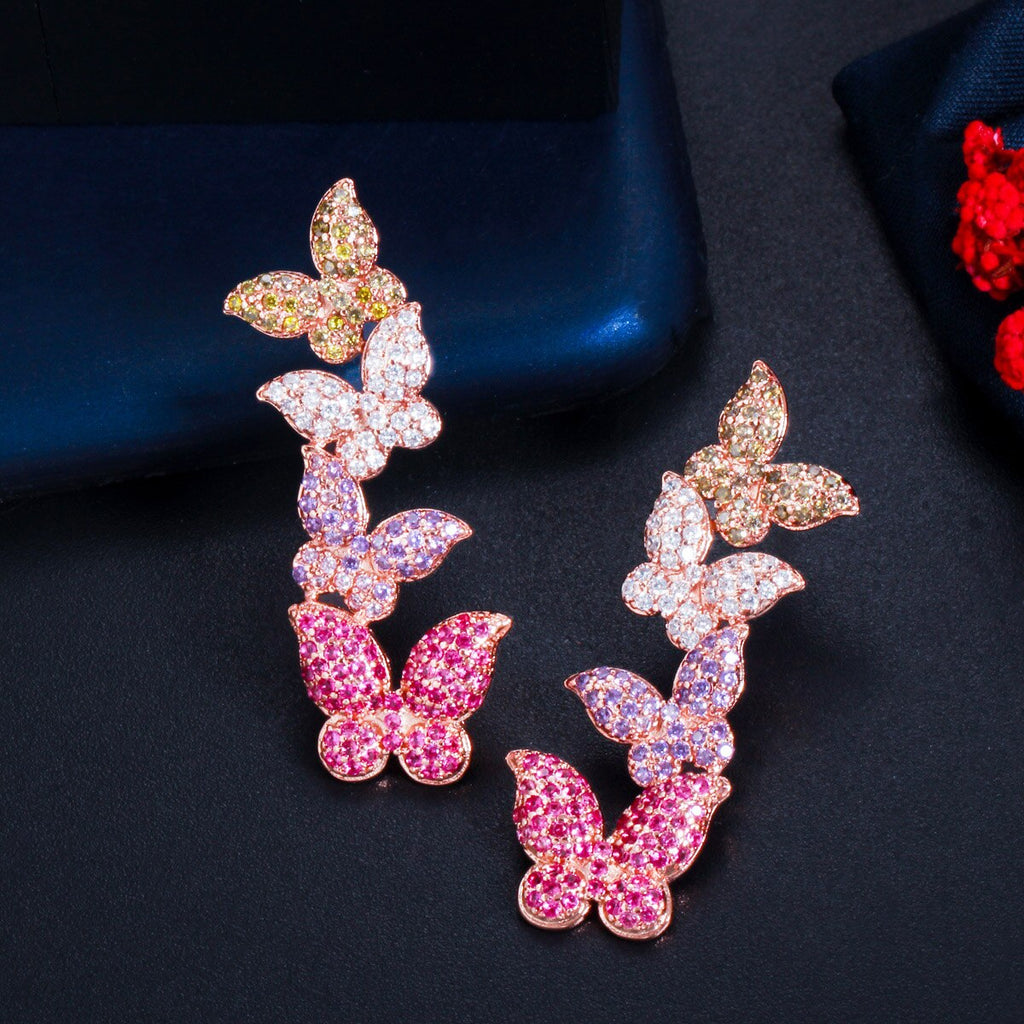 Christmas Gift Lovely 585 Rose Gold Color Purple Red CZ Zircon Butterfly Drop Dangle Earrings for Women Fancy Jewelry Gift CZ780