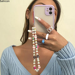 Aveuri 2021 Trend Simulated Pearls Mobile Phone Strap Lanyard Colorful Beads Fruit Heart Accessories Phone Case Hanging Cord for Women