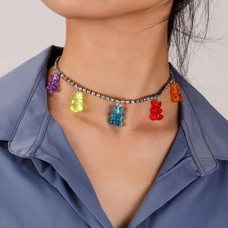 Christmas Gift Colorful Gummy Bear Necklace for Women Christmas Gift Cute Cartoon Clavicle Crystal Chain Jewelry Children Birthday Party Collar