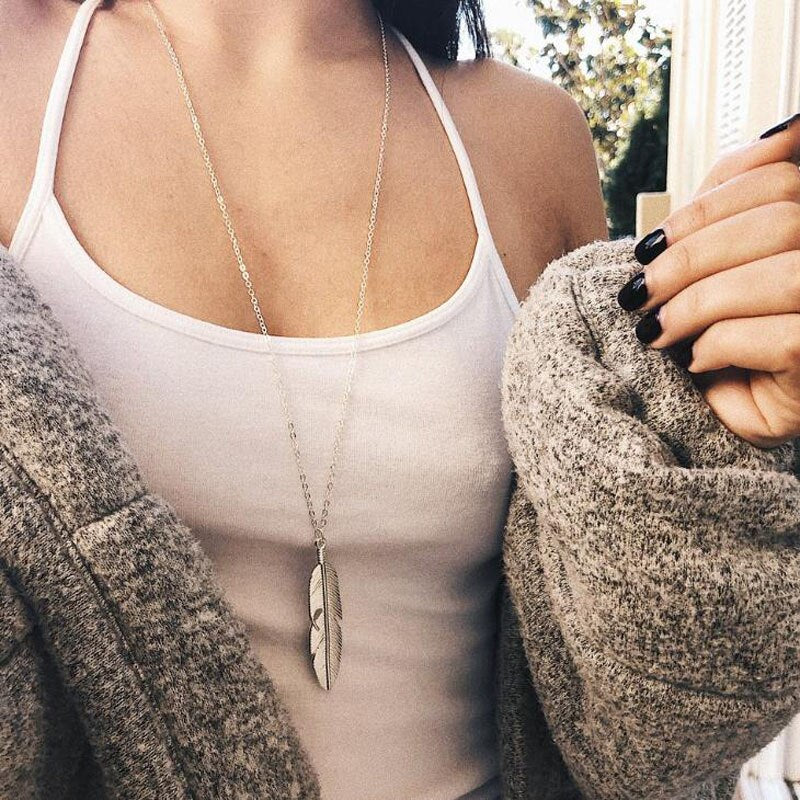 Christmas Gift Simple Feather Pendant Necklace Female Collares Charm Long Sweater Chain Leaf Necklaces for Women collier femme Boho Jewelry