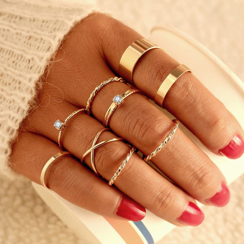 Aveuri Punk Gold Wide Chain Rings Set For Women Girls Fashion Irregular Finger Thin Rings Gift 2023 Female Jewelry Party