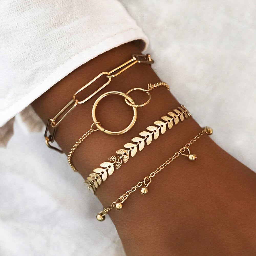 AVEURi 2023 4Pcs/Set Bohemian Gold Chain Bracelets & Bangles Vintage Exaggeration Beads Bracelet For Girls Women Jewelry