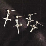 Aveuri 2023 Punk Rock Korean Fashion Metal Peach Heart Wings Stud Earrings Vintage Gothic Key Cross Sword Earring For Women Gift Jewelry New