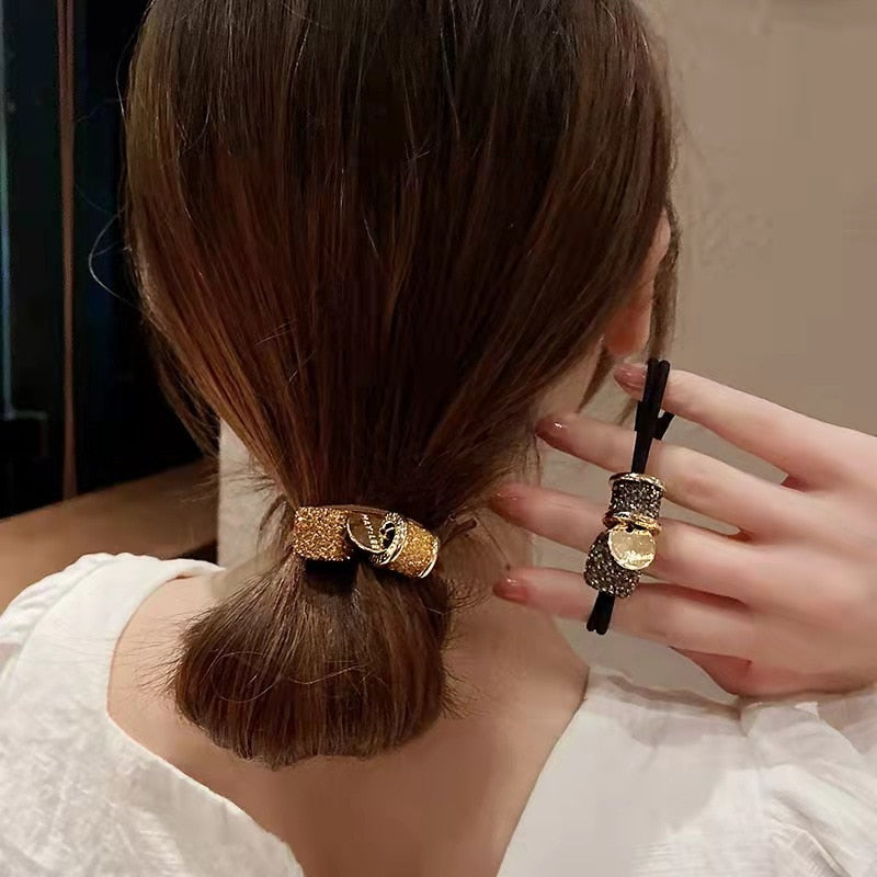 Aveuri 2022 Simple And Versatile Hair Rope Temperament Square Rhinestone Hair Ring INS Net Red Rubber Band Female Pony Tail Head Rope