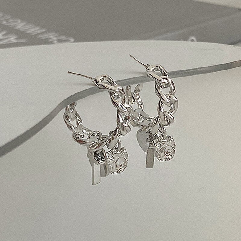AVEURI Alloy Twisted Chain Hoop Earrings For Women Silver Color Cross Circle Pendant Earrings