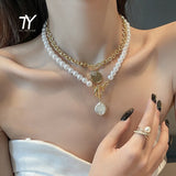 Christmas Gift Baroque Pearl Metal Chain Two Piece Double Necklaces For Woman Korean Fashion Jewelry Gothic Party Girl's Sexy Clavicle Chain