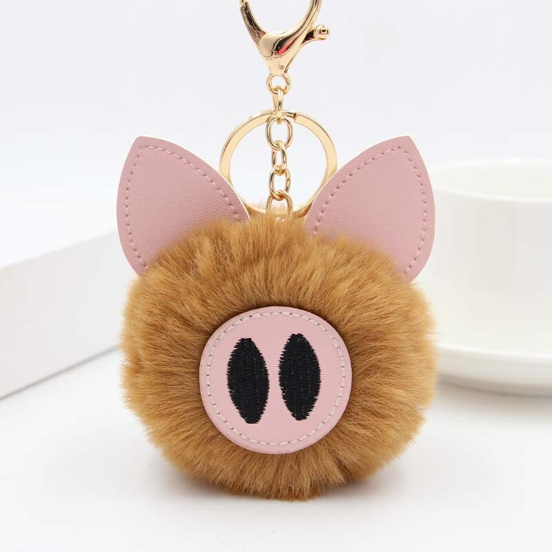 Aveuri Cute Women's Piggy Fur Ball Keychain Cartoon Pig Fur Pom Pom Keychain Bag Purse Car Key Holder Fluffy Keyring Pendant Llaveros