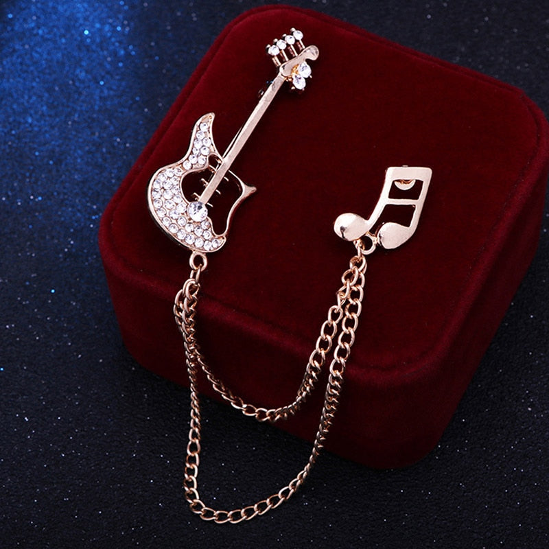 HUISHI Brooch Pins Luxury Rhinestone Music Note Brooch Metal Tassel Chain Lapel Pins Men's Suit Corsage Shawl Buckle For Women